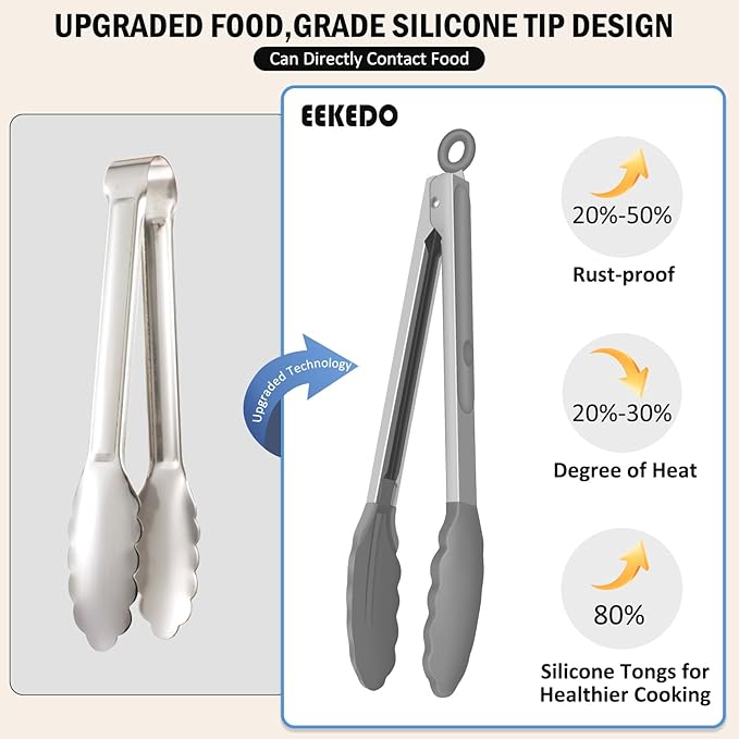 Kitchen Tongs, Stainless Steel Cooking Tongs with Silicone Tips, 600ºF High Heat-Resistant Non Scratch Locking Tongs for Cooking BBQ Grilling Air Fryer Pans, Set of 2 (7" 9" and 12") Light Grey