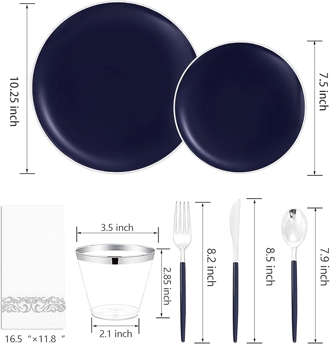 KIRE 175Pcs Blue Plastic Plates with Silver Rim & Disposable Silverware with Blue Handle & Silver-rim Cups & Hand Napkin & Plastic Dinnerware for Parties/Wedding/Passover