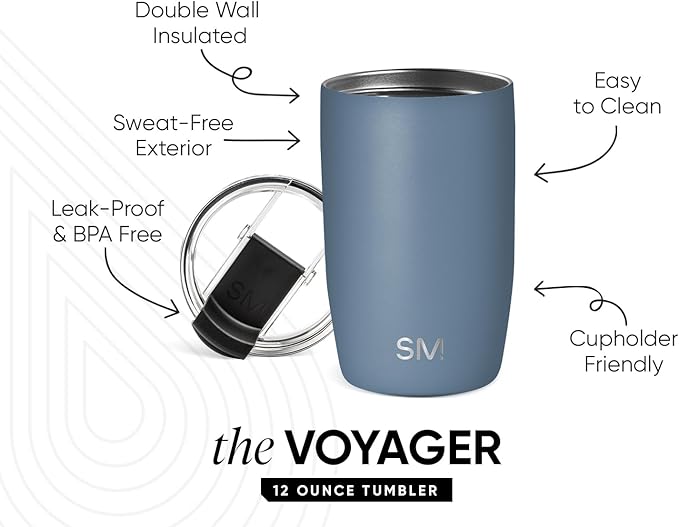 Simple Modern Voyager Tumbler with Flip Lid | Travel Coffee Mug | Insulated Stainless Steel Cold Brew Iced or Hot Coffee Cup | Gifts for Women Men Her Him | 12oz, Blue Dune
