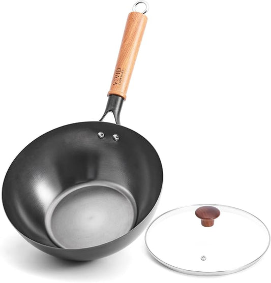 Carbon Steel Wok Pan with Lid, 9.8 Inch Deep Flat Bottom Wok, Coating-Free Carbon Steel Pan for Stir Fry, Soup, Noodles, Braising & Boiling, Small Induction Wok with Wooden Handle