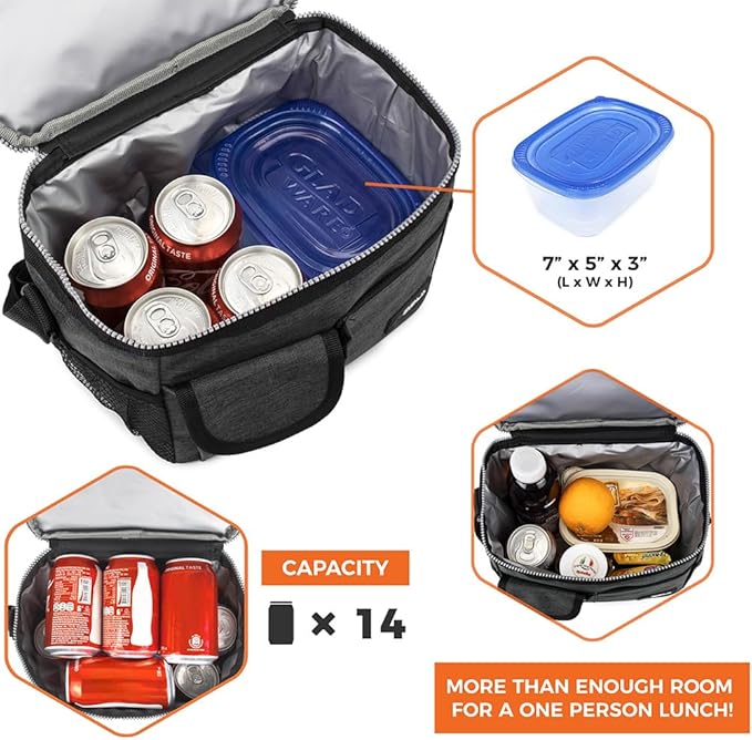 opux Insulated Lunch Bag for Men Women, Leakproof Charcoal Grey Lunch Box for Work, Portable Soft Lunch Cooler Bag with Shoulder Strap, Adult Lunchbox Lunch Pail for Kid Boy Girl School, 14 Can/8L