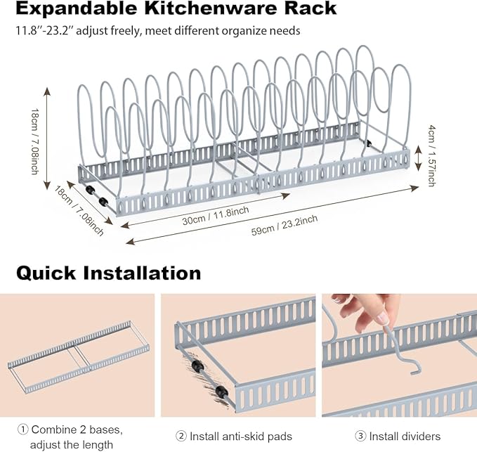 Housolution Pot and Pan Organizer Rack for Cabinet, Upgraded Expandable Pot Lid Organizer with 14 Adjustable Dividers, Pan Holder Storage Rack for Kitchen Cabinet, Grey