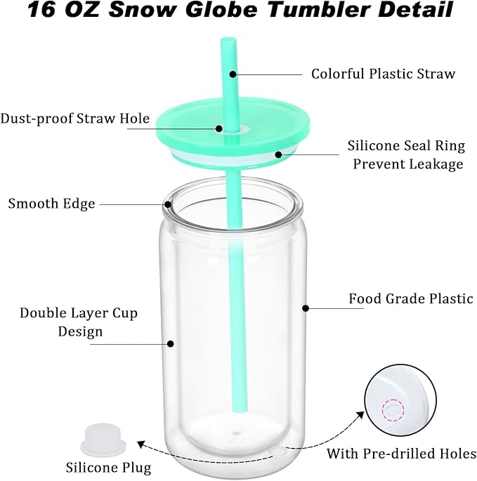 16 oz Plastic Snow Globe Tumbler, 4 Pack Double Wall Snowglobe Tumbler with Pre Drilled Hole, Plastic Mason Jar Cups Can for Snow Globe Glitter DIY ( Mixed Colors )