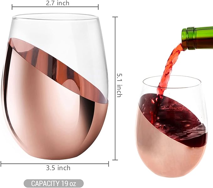 MyGift Stemless Wine Glasses Set of 4 - Copper Accent Modern Barware, Elegant Wedding & Celebration Cups with Luxe Metallic Finish, Dishwasher Safe