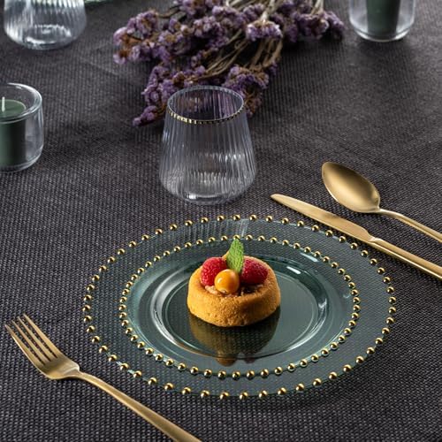 PLASTICPRO 32 Piece Combo Plastic Dinner Plates Disposable Plastic Fancy Heavy Duty Party Dishes 7 inch and 10 inch, Translucent Green and Gold Beaded
