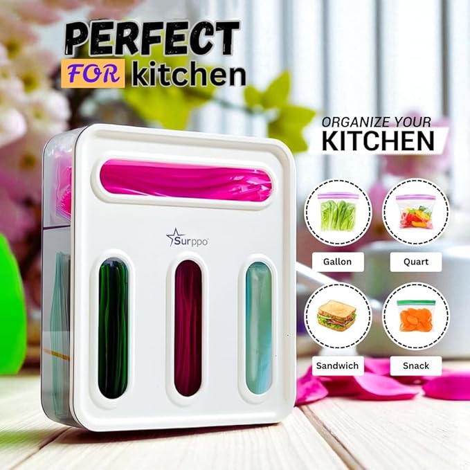Ziplock Bag Organizer for Drawer | 4 In 1 Plastic Bag Organizer For Gallon, Quart, Sandwich & Snack | Food Bags Dispenser for Kitchen Storage, Wall Mount, Lightweight & Durable