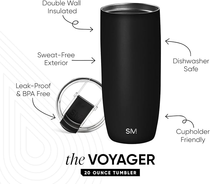 Simple Modern Voyager Tumbler with Flip Lid | Travel Coffee Mug | Insulated Stainless Steel Cold Brew Iced or Hot Coffee Cup | Gifts for Women Men Her Him | 20oz, Midnight Black