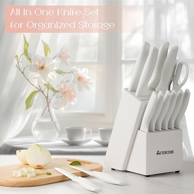 Astercook Knife Set for Kitchen 15 Piece with Block and Sharpener Kitchen Knives with Ceramic Coating Sharp Blade Dishwasher Safe Deba Knives with Anti-slip Ergonomic Handle, Elegant White