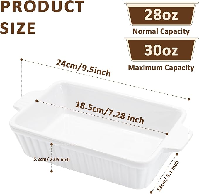 30 Oz Small Baking Dish, 7x4.5 inch Casserole Dishes for Oven, Ceramic Baking Dish with Double Handles for Baking,Lasagna, Pie, Durable Microwave Oven Dishwasher Safe，White