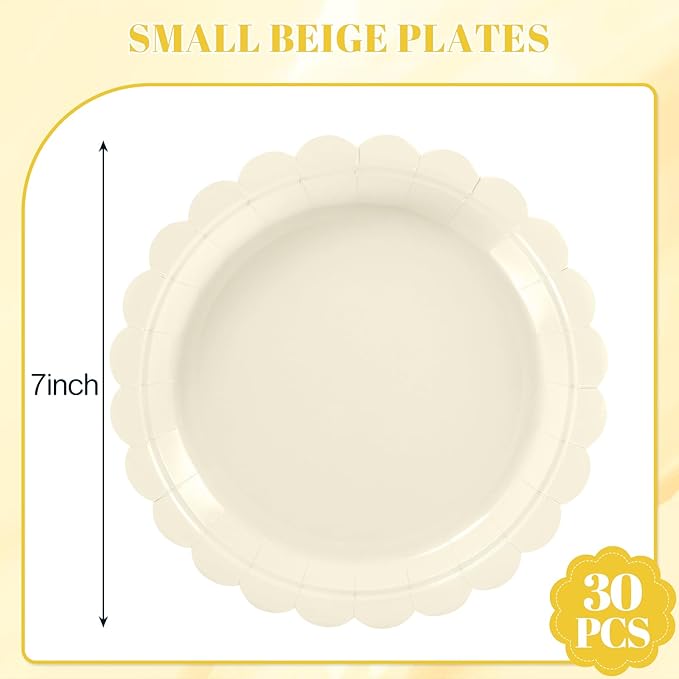 30 Pcs Dessert Plates Disposable, 7 Inch Ivory Paper Plates Scalloped Small Cake Appetizer Birthday Plate Cream Party Plate for Wedding, Baby Bridal Shower