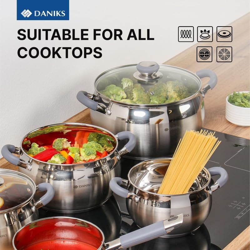 Daniks Modern 7 Quart Stainless Steel Stock Pot with Glass Lid, Tri-Ply Bottom for Even Heating, Induction Compatible, Dishwasher Safe, Heatproof Handles
