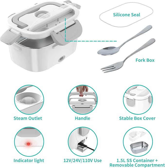 Electric Lunch Box, Food Warmer Heater 12V 24V 110V, 80W Faster Heated Lunch Box for Car/Truck/Home Portable Heating Boxes with 1.5L 304 SS Container Fork & Spoon, White+Gray