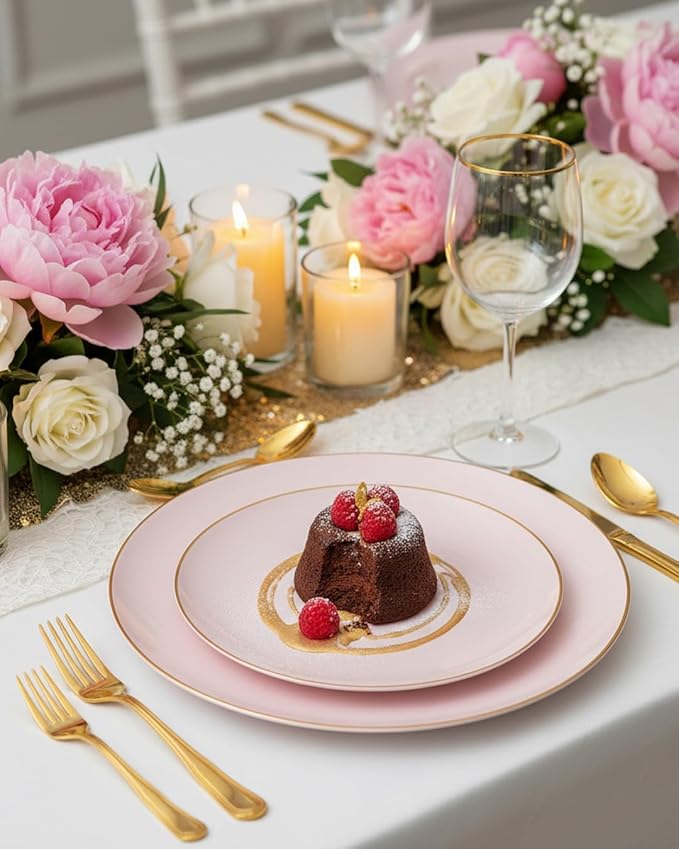PULOTE 100PCS Pink Plastic Plates - Heavy Duty Pink and Gold Disposable for Party, Wedding, Easter, Include 50 Each (Dinner & Dessert) Plates