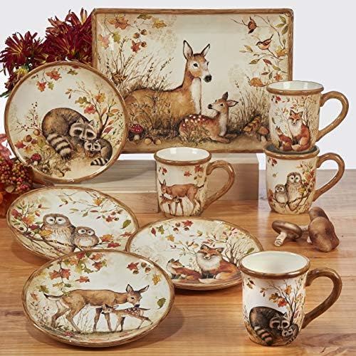 Pine Forest 16 oz. Woodland Ceramic Mugs, Set of 4 – Autumn Wildlife Coffee Cups with Fox, Owl, Deer & Raccoon – Great for Hot Chocolate, Tea, Pumpkin Spice, Fall Gifts, and Cozy Cabin Vibes