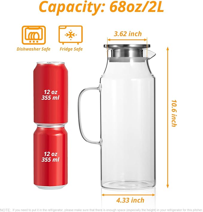 2 Liter 68 oz Glass Pitcher with Lid and Handle, Glass Carafe for Fridge, Water Pitcher for Hot/Cold Water, Large Jug for Iced Tea, Coffee, Juice and Homemade Beverage