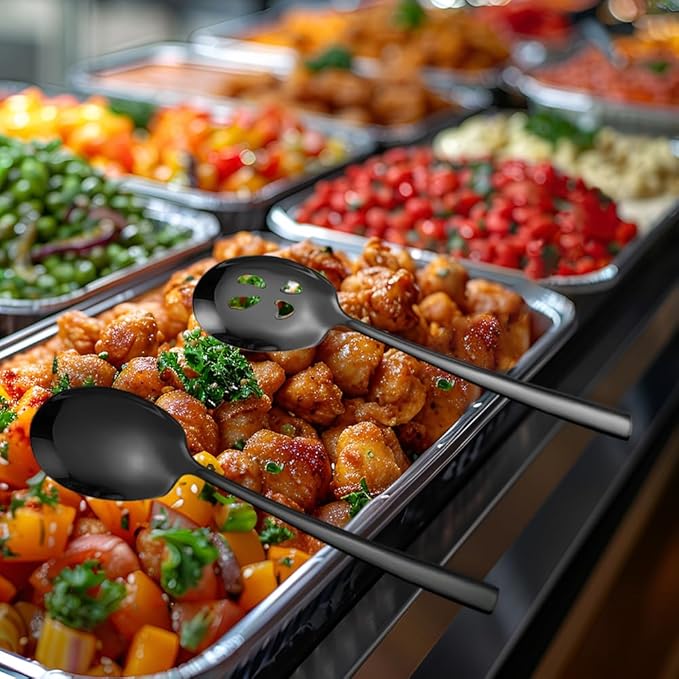 Serving Spoons Set 9.14 Inch Slotted Spoon Serving Spoon Stainless Steel Serving Utensils for Buffet Catering Dishwasher Safe(Set of 6, Black)