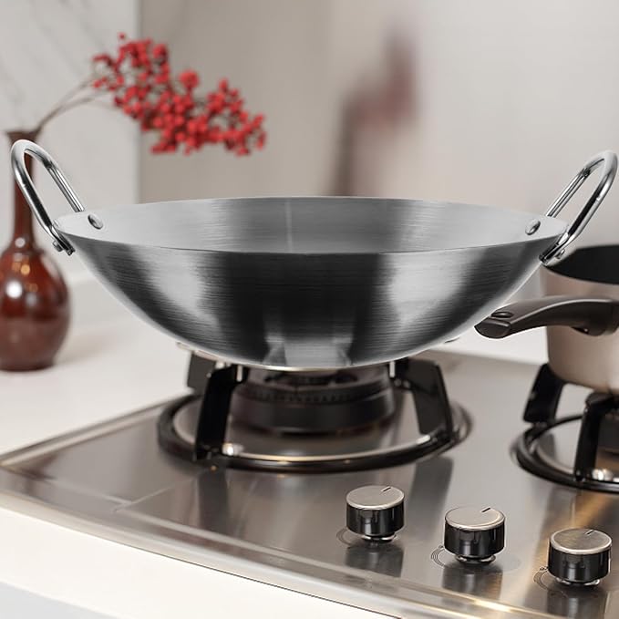 Tofficu Stainless Steel Wok 12 Inch Double Handle Round Bottom Frying Pan for Stir Fry Cooking Chinese Kitchen Use