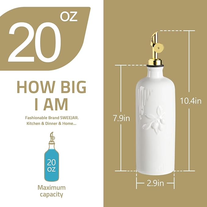 Sweejar Ceramic Olive Oil Dispenser Bottle for Kitchen Counter, 20 oz Oil Dispenser with Spout, Avocado Oil Cruet for EVOO, Vinegar, Oil Container for Cooking, Pack of 1 (White)