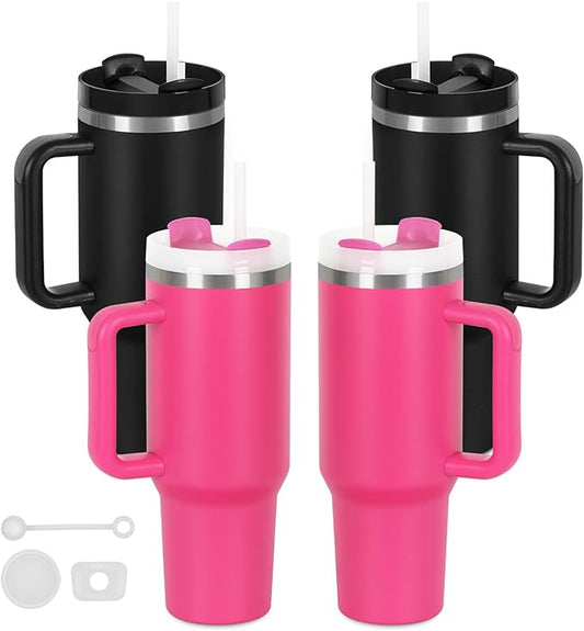 4 Pack 40 Oz Tumblers with Handle Bulk, Double Wall Vacuum Insulated Stainless Steel Tumblers with Lid and Straw, 40 oz Cup with Silicone Spill Proof Stopper Set (Black-2,Hot Pink-2)