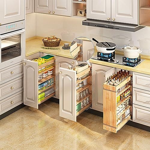 DINDON Pull Out Spice Rack Cabinet Organizer, (8" W x 21.9" D x 25.2" H) Multi-Use Soild Wood Pull Out Cabinet Organizer Slide Out Shelf Sliding Base Cabinet Storage Organization