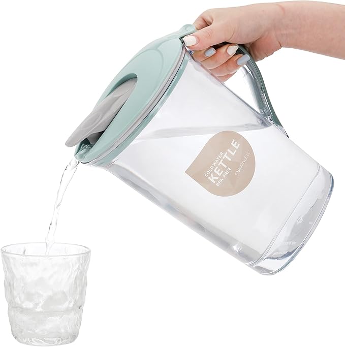 Coloch 2 Pack 2 Quart Plastic Water Pitcher with Flip Top Spout Lid, Clear Slim Water Container for Fridge Door Juice Pitcher with Scale Line for Tea, Lemonade, Handmade Drinks, Blue and Pink
