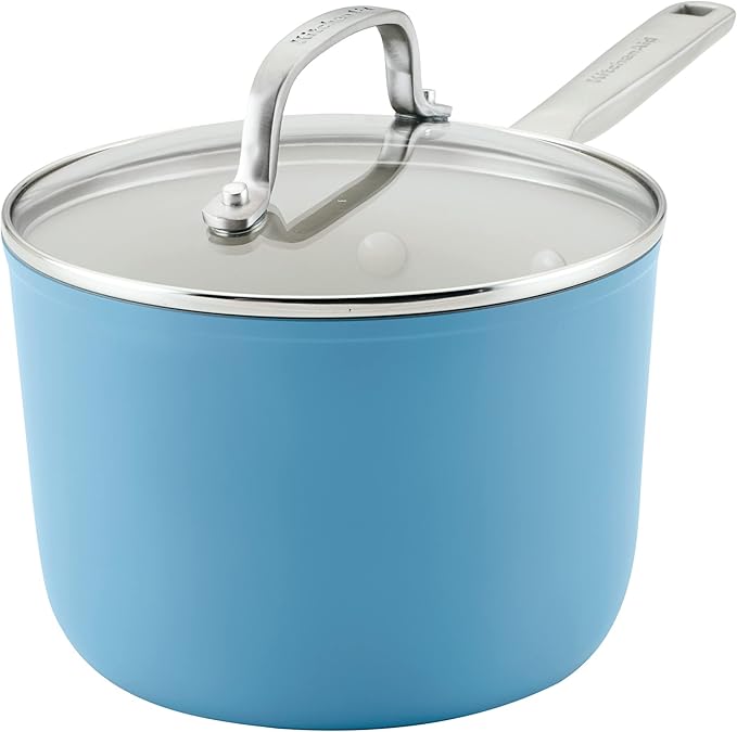 KitchenAid Hard Anodized Ceramic Nonstick Cookware Sauce Pan with Lid, 3 Quart - Blue Velvet