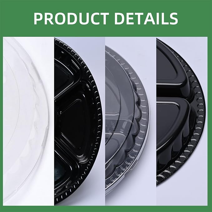 10 Pcs Plastic Appetizer Serving Tray with Lid Round 12.5 Inch with Lid Disposable Serving Fruit Veggie Catering Tray with 6 Divided Compartment for Fruit Snack Veggie Party