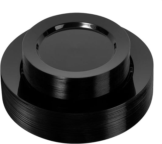 50PCS Plastic Plates for 25 Guests - 25 Dinner (10.25 inch) and 25 Dessert (7.5 inch) Black Disposable Plates for Party, Wedding and Dinner