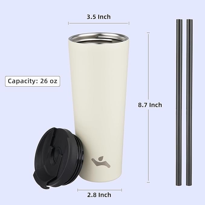 26 OZ Insulated Tumbler with Lid and 2 Straws Stainless Steel Water Bottle Vacuum Travel Mug Coffee Cup,Angel White