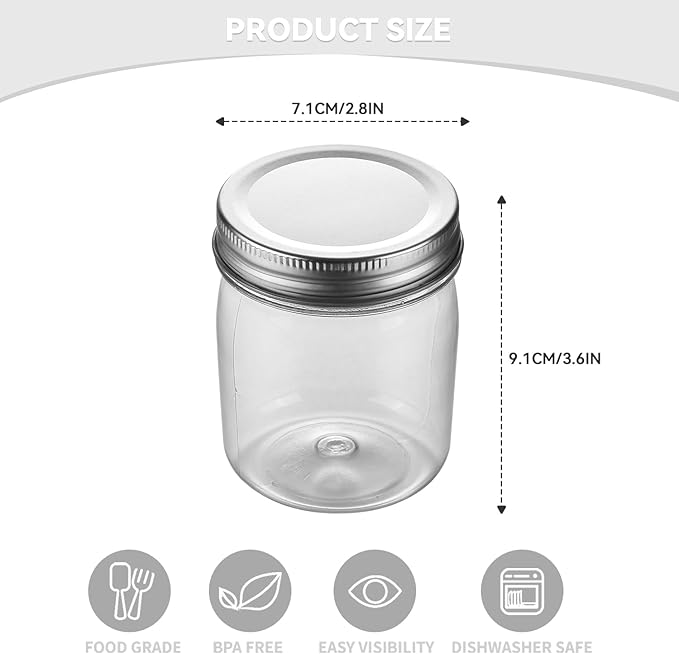 novelinks 8 oz Clear Plastic Jars with Airtight Lids, 16 Pack Plastic Mason Jars with Lids 8oz, Refillable Storage Slime Containers & Small Spice Jar for Kitchen Organization (16 Pack,Silver)