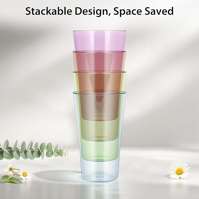 Freshmage 8 Pack Plastic Reusable Drinking Glasses, 20oz Colorful Drinking Cups, BPA-Free, Shatter-Proof, Dishwasher & Microwave Safe, Stackable Tumblers for Home, Outdoor, Party, Picnic, Pool
