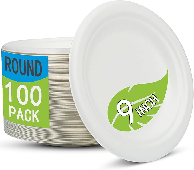 Disposable Large White Paper Plates 9 Inch - 100 Counts Heavy Duty Natural Bagasse Plates, Compostable & Oil-Proof, Microwave Safe for Family Christmas Dinner, Kids Pizza Nights & Fried Chicken Meals