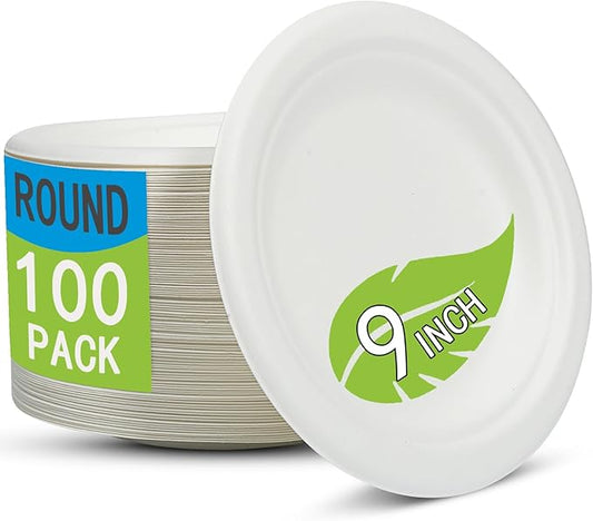 Disposable Large White Paper Plates 9 Inch - 100 Counts Heavy Duty Natural Bagasse Plates, Compostable & Oil-Proof, Microwave Safe for Family Christmas Dinner, Kids Pizza Nights & Fried Chicken Meals
