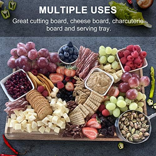 AZRHOM Large Acacia Wood Cutting Board for Kitchen 17x12x1.5 with 3 Compartments, Handles & Juice Groove, Non-Slip Mats, Thick Heavy Duty Butcher Block Charcuterie Board (Gift Box Included)