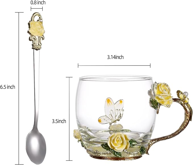 SUQ I OME Enamel Rose and Butterfly Flower Glass Tea Cup, Valentine Gifts For Women,Wife, Friend for Valentines Wedding, Women's day, Engagement, Yellow Rose,11 oz