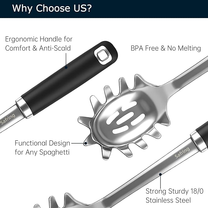 Stainless Steel Soup Ladle and Spaghetti Spoon Set, Heat Resistant Rubber Handle, Dishwasher Safe, Kitchen Utensils for Cooking, Stirring, Serving Pasta, Soup & Sauce (black)