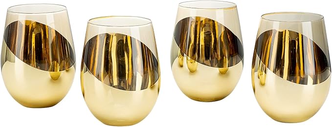 MyGift 18 oz Mid Century Smoked Brown Stemless Wine Glasses with Angled Brass Accents, Translucent Vintage Amber Glass Cocktail Beverage Drinking Cups, Set of 4