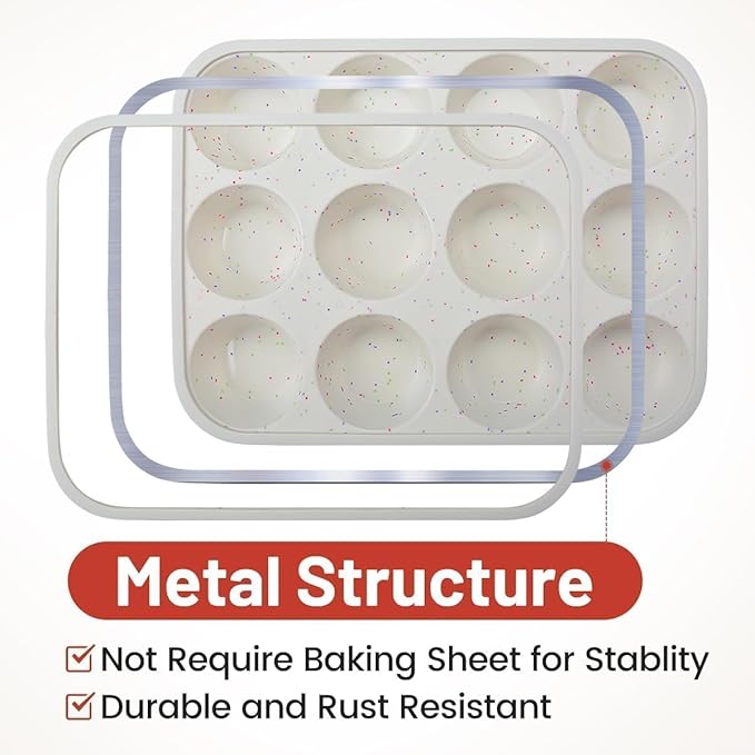 CAKETIME Silicone Muffin Pan, Metal Reinforced Frame Cupcake Pan 12 Cups Regular Size Easy to Move in or Out of Oven Non-Stick (2)