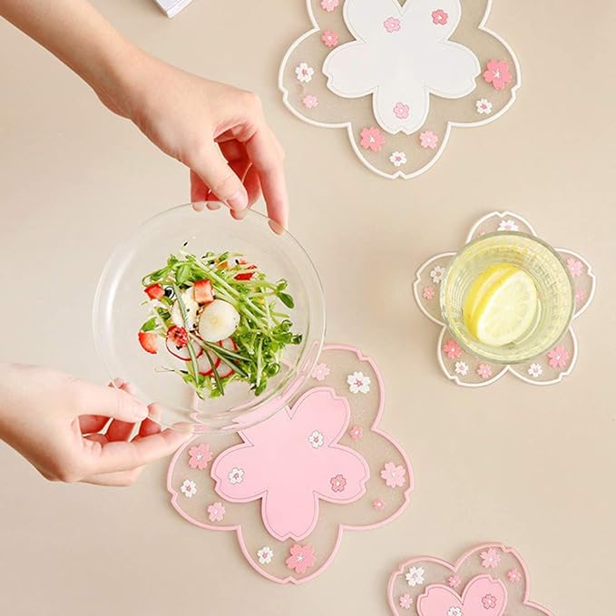 Sakura Coffee Cup Mat Kawaii Coaster 2PCS Cute Cherry Blossom PVC Home Tea Mug Pink Flower Pattern Anti-Skid Pot Bowl Pad Placemat for Desk Drink Table Decor Kawaii Accessories (Small)