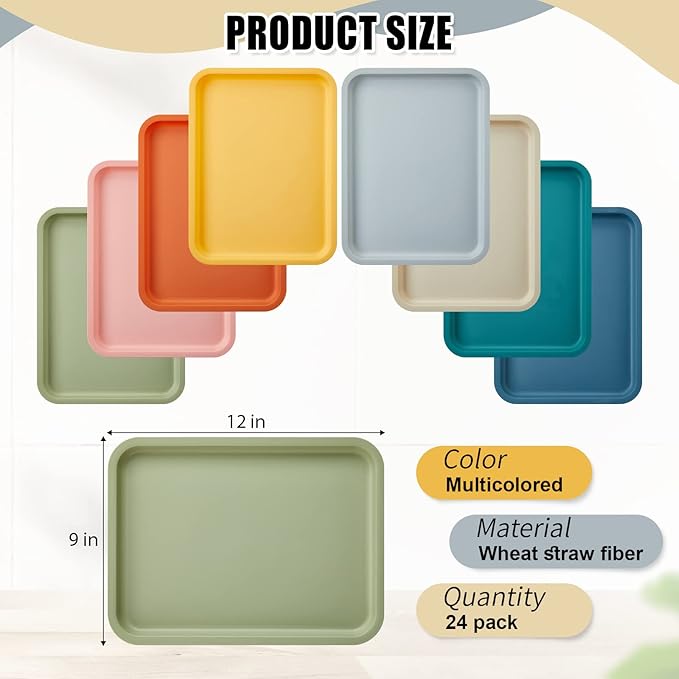 Mumufy 24 Pcs Plastic Fast Food Trays Bulk Colorful Restaurant Serving Trays Cafeteria Rectangular Plastic Serving Platter Grill for Kitchen Restaurant Coffee (Elegant Color)