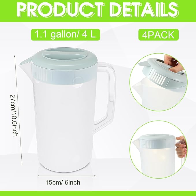 Uiifan 4 Pcs Plastic Water Pitcher with Lid,Spout and Handle Plastic Juice Pitcher Tea Beverages for Fridge Water Carafe Jug for Lemonade Milk Cold Drink Home Daily Party(Blue,1 Gallon)