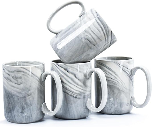 Coffee Mugs Set of 4,16 OZ Large Marble Ceramic Tea Cups with Big Handle,Bulk Grey Marble Diner Mugs Set for Latte, Beer,Cappuccino,Microwave Dishwasher Safe Cup for Men Women Gift