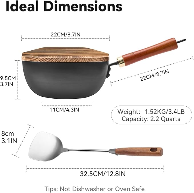 WANGYUANJI Carbon Steel Wok with Lid, 8.7" Small Wok & Stir Fry Pan, Professional Heavy Gauge Flat Bottom for Electric/Induction Stoves, Premium Personal Size Skillet for Solo Cooking (Black)