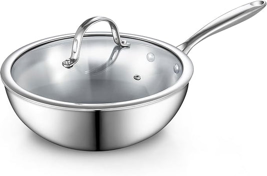 Cooks Standard Multi-Ply Clad Stainless Steel Wok Stir Fry Pan, 10.5 inch Induction Wok with Lid, Flat Bottom Wok, Silver