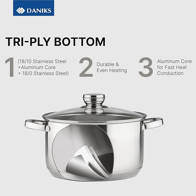 Daniks Standard 6-Piece Stainless Steel Cookware set with Glass Lid, Try-Ply Bases for Even Heating, Induction Compatible, Dishwasher Safe, Built-In Measuring Scale, Silver