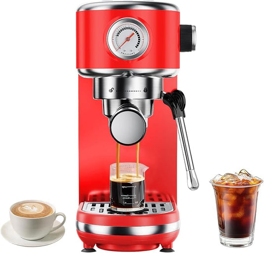 20 Bar Espresso Machine with Milk Frother, Compact Espresso Maker, Stainless Steel Coffee Machine with Precise Temp Control & 44oz Removable Water Tank for Latte, Cappuccino, Red
