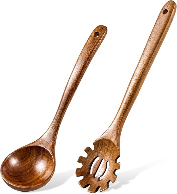 Wooden Ladles for Cooking, 2-Piece Soup Ladle & Pasta Spoon Set, Natural Teak Wood Soup Ladle and Slotted Spaghetti Spoon for Cooking, Serving and Stirring