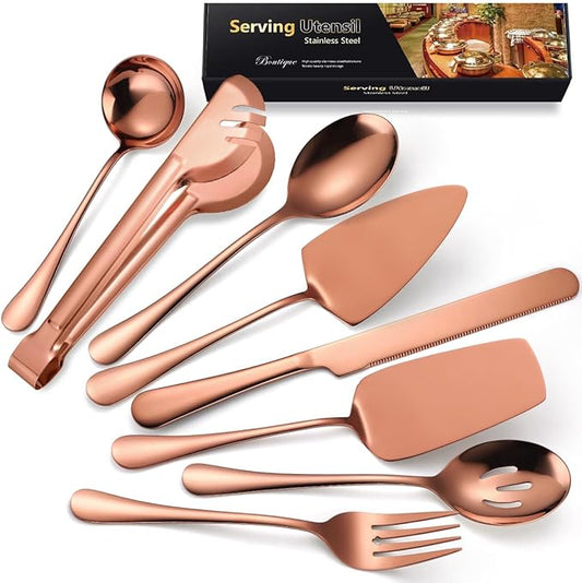 AARAINBOW Exquisite 8 Pieces Serving Utensils Set, Stainless Steel Serving Utensils with Serving Spoons, Food Serving Utensils Steel for Parties Buffet Home Serving Utensils Large (8 Rose Golden)…