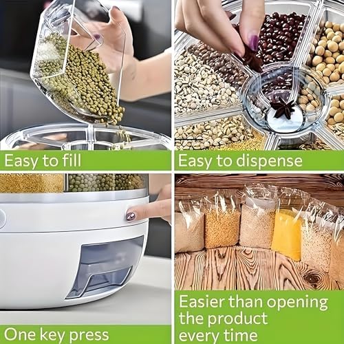 Rotating Grain Storage Bin 6 Grids Rice Container One-Click Output Large Capacity Food Dispenser For Rice Grains Sealed Moisture Proof Organizer (Grey) (Small)