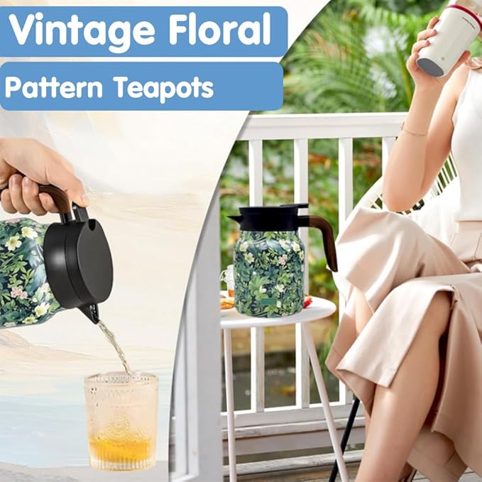 Vintage Floral Pattern Tea Pots – Built-in Infuser,Vintage Floral Teapot with Built In Infuser Stainless Steel Thermal Carafe with Lid for Hot Drinks,Blue(Wooden handle,35oz)